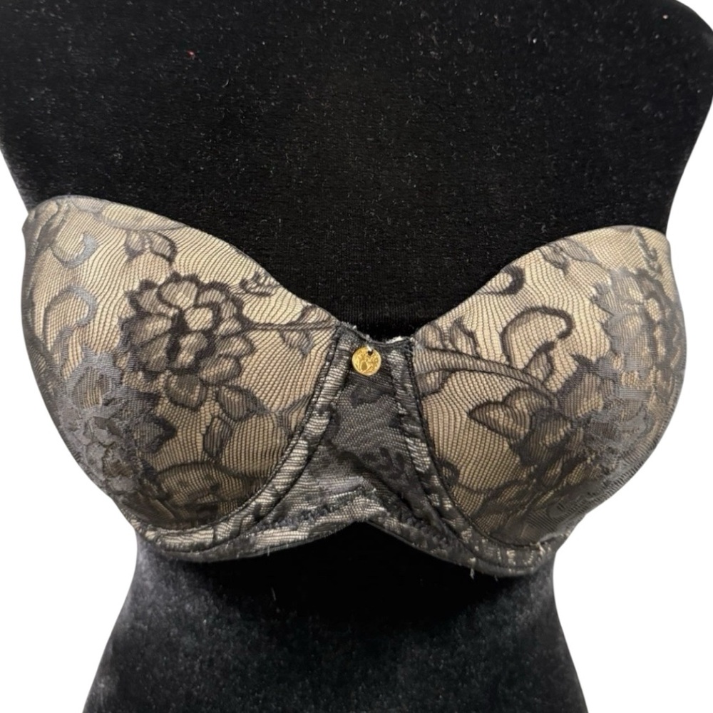 Natori Strapless Underwire Bra Size 32D Black Lace Over Nude Lined Dark Florals